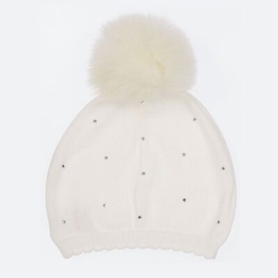 Bari Lynn Crystallised Pompom Hat, Ivory