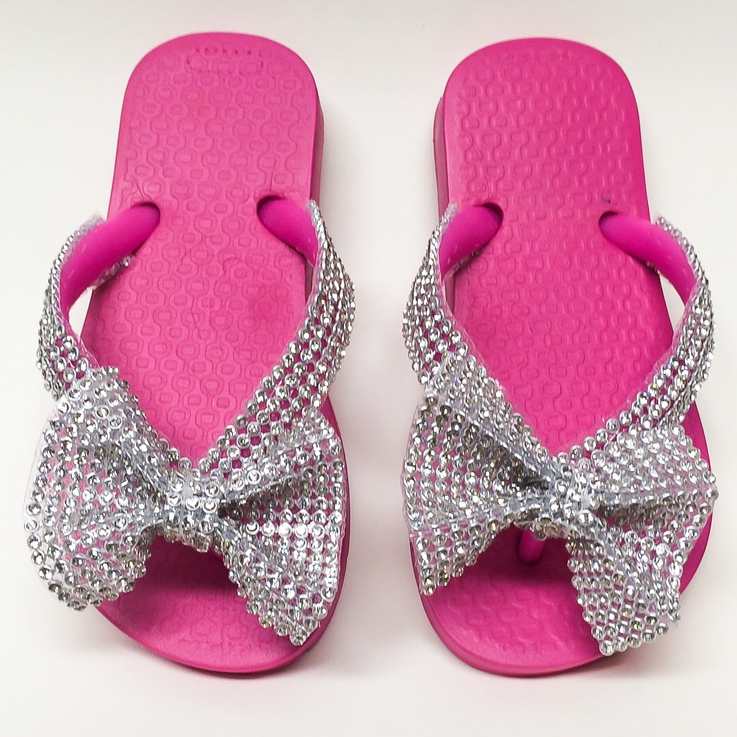 Crystal Bow Flip Flops, Pink - Bobbyann