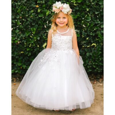 Illusion Neckline Tulle Dress, White & Ivory