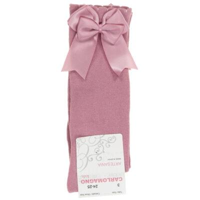 Carlomagno Double Satin Bow Socks, Dusky Pink