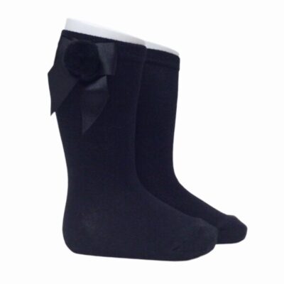 Meia Pata Grosgrain Bow Pom Pom Socks, Black