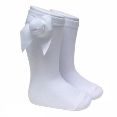Meia Pata Grosgrain Bow Pom Pom Socks, White