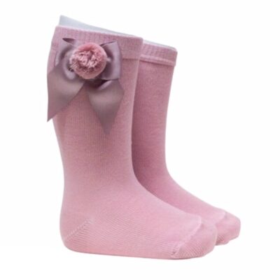 Meia Pata Grosgrain Bow Pom Pom Socks, Dusky Pink