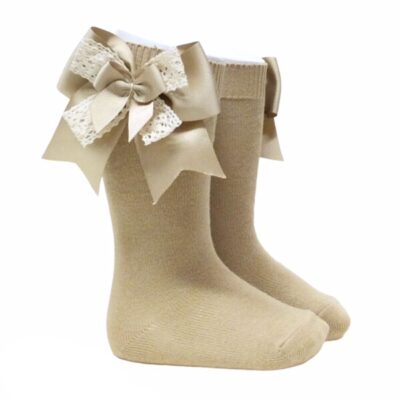 Pocholo Crochet Lace Bow Socks, Camel