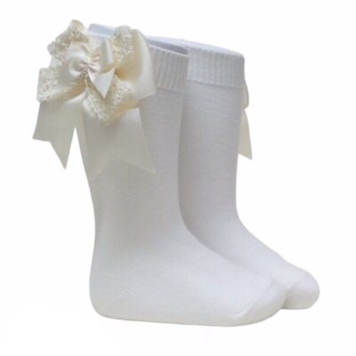 Pocholo Crochet Lace Bow Socks, Cream