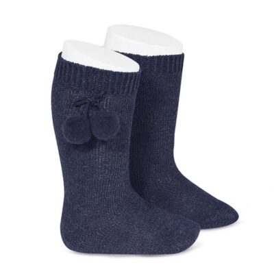 Tambino Knee High Pom Pom Socks, Navy
