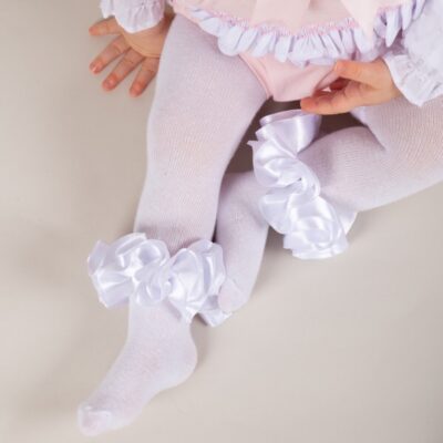 Caramelo Satin Ruffle Tights, White