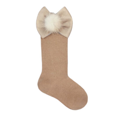 Meia Pata Tulle Bow Pom Pom Socks, Camel