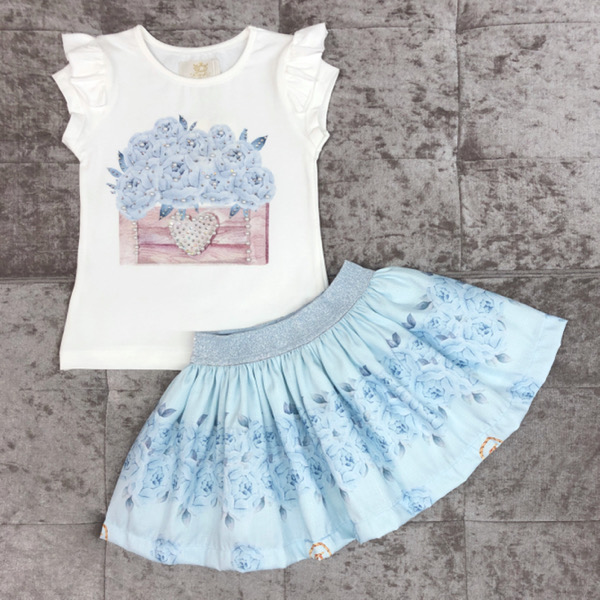 Caramelo Flower Box Skirt Set, Blue - Bobbyann