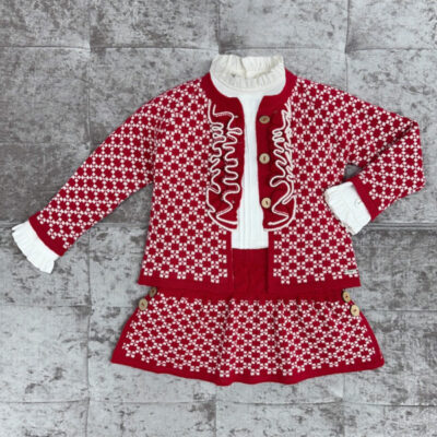 Rahigo Red & Cream Girls 3 Piece Skirt Set