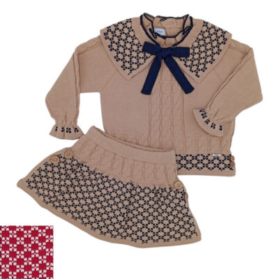 Rahigo Preorder Red & Cream Girls 2 Piece Skirt Set