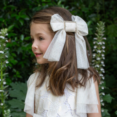 Naxos Preorder White & Gold Tulle Hair Bow
